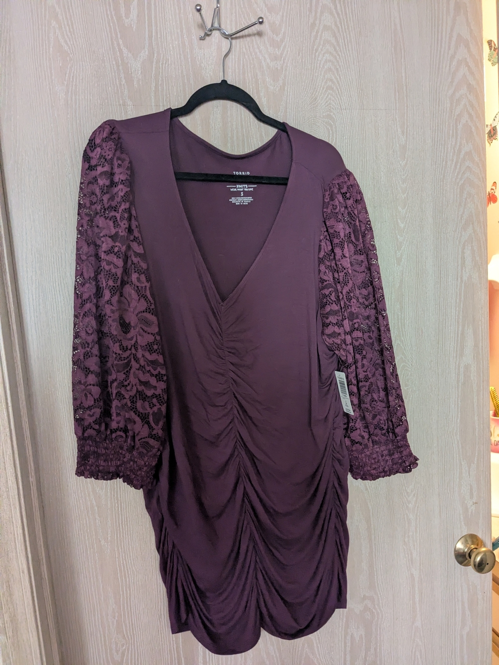 Torrid Plum V-Neck Ruched Dress with Lace Sleeves